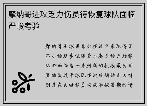 摩纳哥进攻乏力伤员待恢复球队面临严峻考验