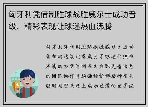 匈牙利凭借制胜球战胜威尔士成功晋级，精彩表现让球迷热血沸腾